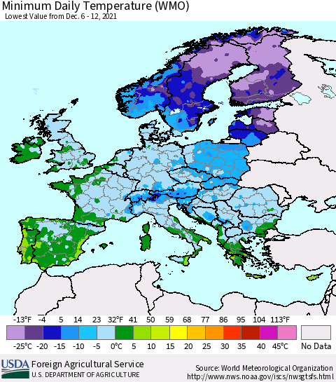 Europe Minimum Daily Temperature (WMO) Thematic Map For 12/6/2021 - 12/12/2021