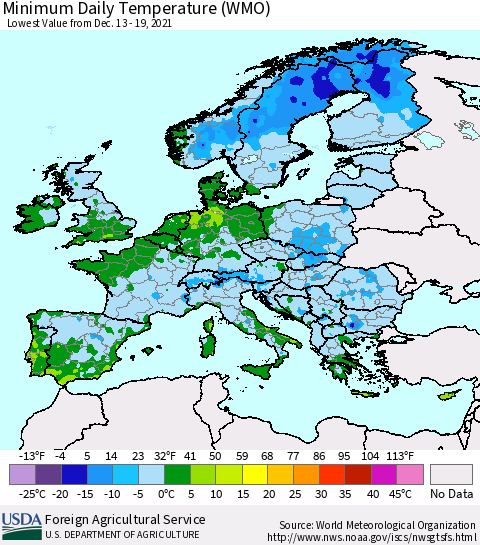Europe Minimum Daily Temperature (WMO) Thematic Map For 12/13/2021 - 12/19/2021