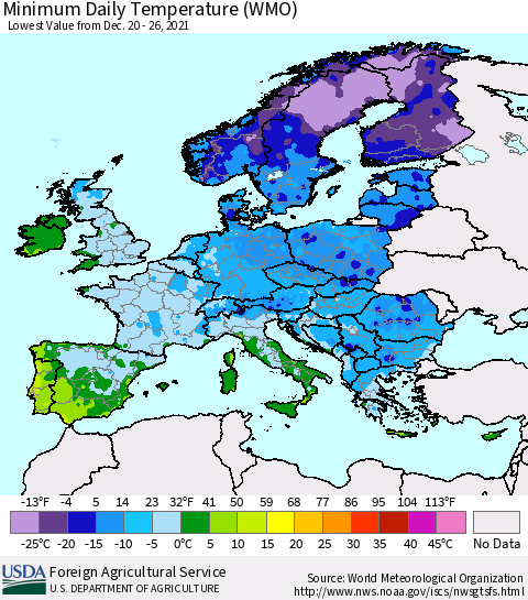 Europe Minimum Daily Temperature (WMO) Thematic Map For 12/20/2021 - 12/26/2021