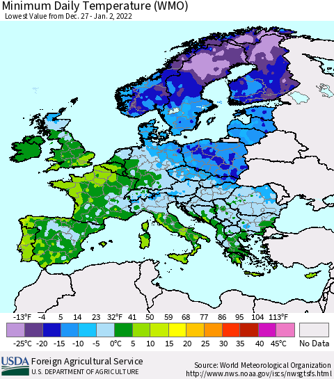 Europe Minimum Daily Temperature (WMO) Thematic Map For 12/27/2021 - 1/2/2022