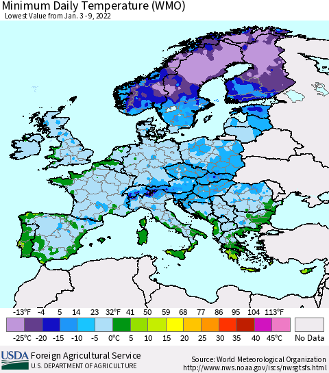 Europe Minimum Daily Temperature (WMO) Thematic Map For 1/3/2022 - 1/9/2022