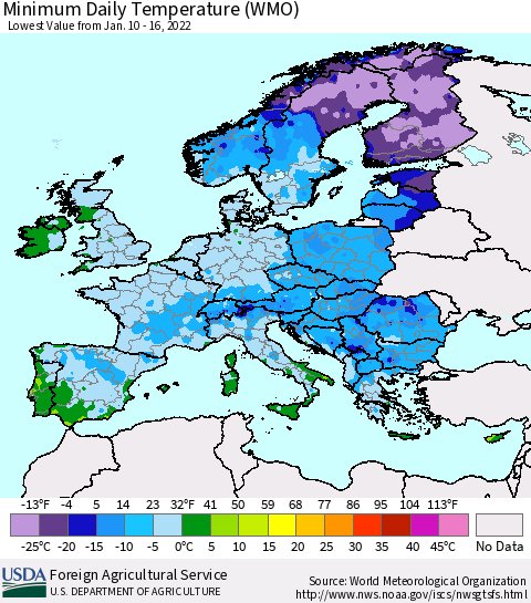 Europe Minimum Daily Temperature (WMO) Thematic Map For 1/10/2022 - 1/16/2022