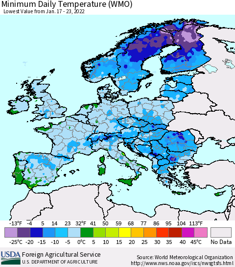Europe Minimum Daily Temperature (WMO) Thematic Map For 1/17/2022 - 1/23/2022