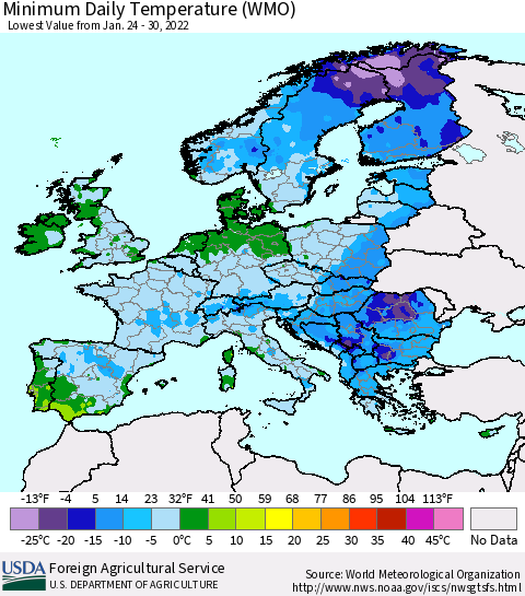 Europe Minimum Daily Temperature (WMO) Thematic Map For 1/24/2022 - 1/30/2022