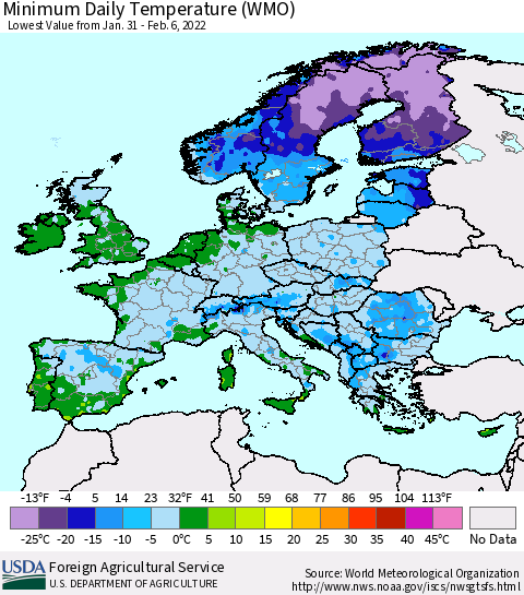 Europe Minimum Daily Temperature (WMO) Thematic Map For 1/31/2022 - 2/6/2022