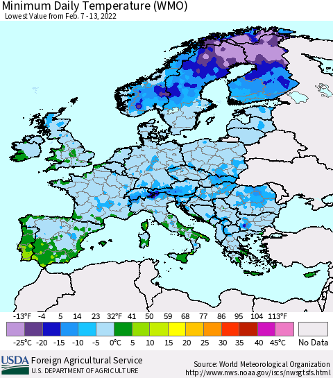 Europe Minimum Daily Temperature (WMO) Thematic Map For 2/7/2022 - 2/13/2022