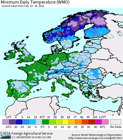 Europe Minimum Daily Temperature (WMO) Thematic Map For 2/14/2022 - 2/20/2022