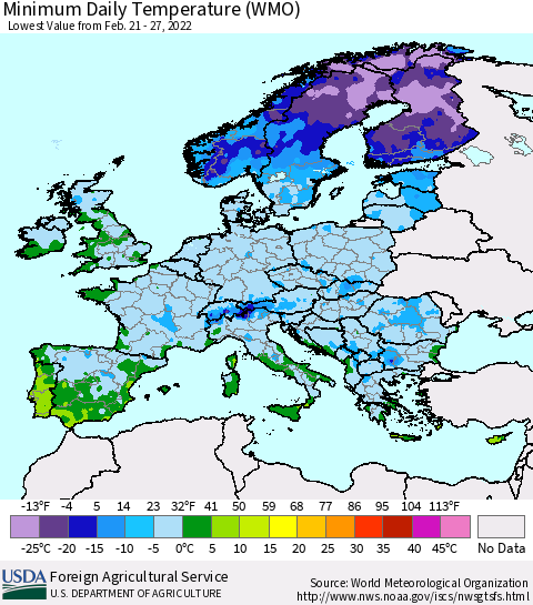 Europe Minimum Daily Temperature (WMO) Thematic Map For 2/21/2022 - 2/27/2022