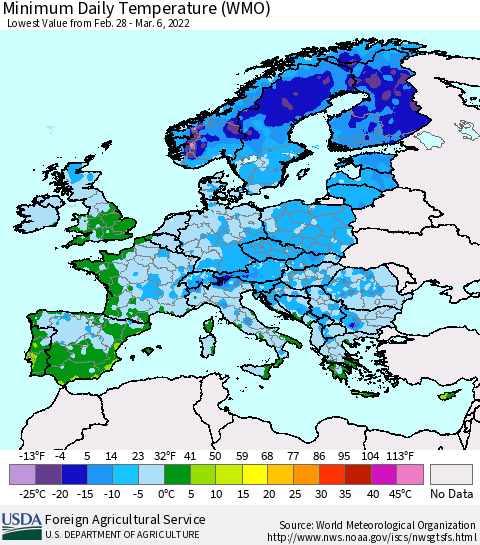 Europe Minimum Daily Temperature (WMO) Thematic Map For 2/28/2022 - 3/6/2022