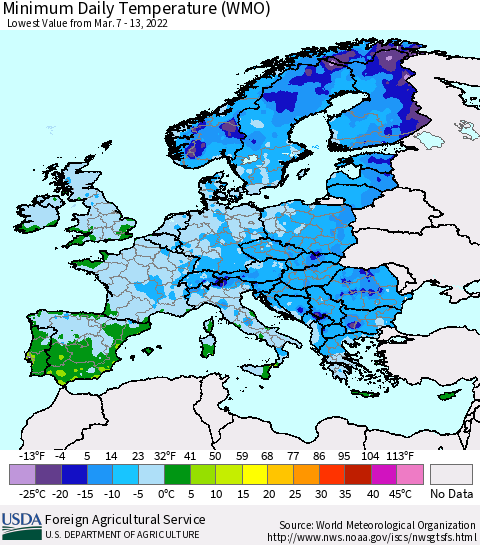 Europe Minimum Daily Temperature (WMO) Thematic Map For 3/7/2022 - 3/13/2022