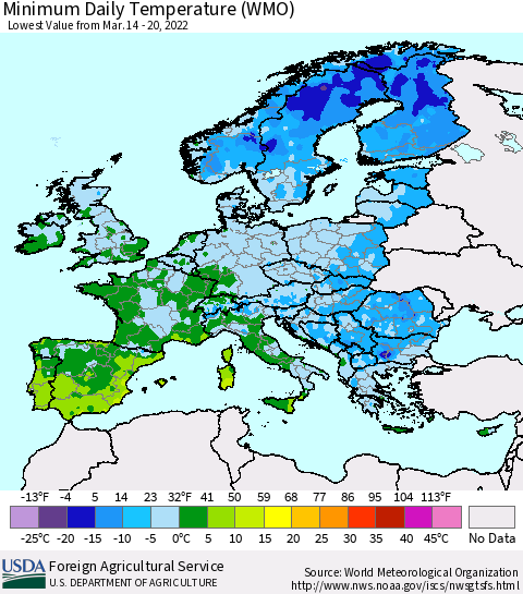 Europe Minimum Daily Temperature (WMO) Thematic Map For 3/14/2022 - 3/20/2022