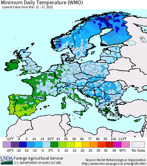 Europe Minimum Daily Temperature (WMO) Thematic Map For 3/21/2022 - 3/27/2022
