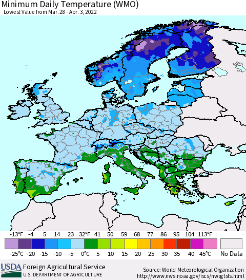 Europe Minimum Daily Temperature (WMO) Thematic Map For 3/28/2022 - 4/3/2022