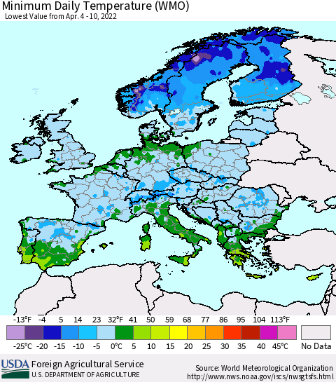 Europe Minimum Daily Temperature (WMO) Thematic Map For 4/4/2022 - 4/10/2022