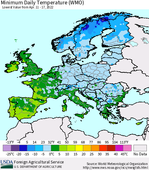 Europe Minimum Daily Temperature (WMO) Thematic Map For 4/11/2022 - 4/17/2022
