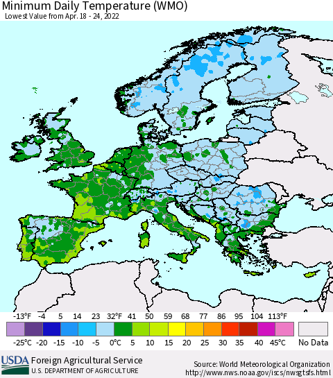 Europe Minimum Daily Temperature (WMO) Thematic Map For 4/18/2022 - 4/24/2022