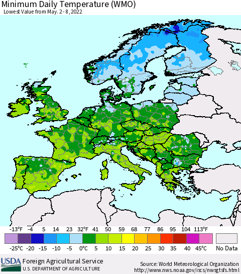 Europe Minimum Daily Temperature (WMO) Thematic Map For 5/2/2022 - 5/8/2022