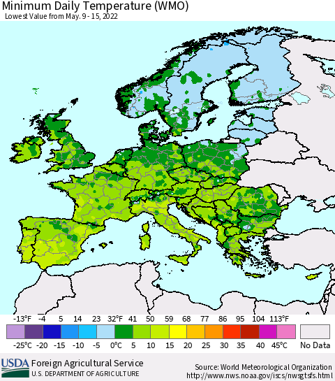 Europe Minimum Daily Temperature (WMO) Thematic Map For 5/9/2022 - 5/15/2022