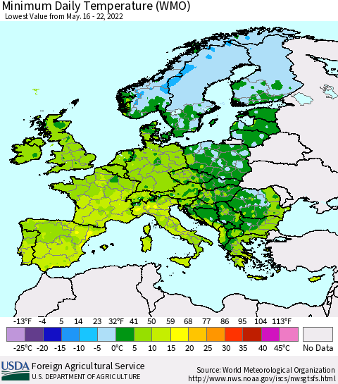 Europe Minimum Daily Temperature (WMO) Thematic Map For 5/16/2022 - 5/22/2022