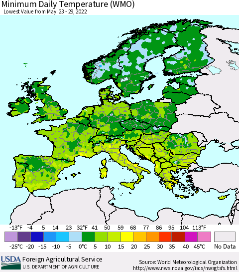 Europe Minimum Daily Temperature (WMO) Thematic Map For 5/23/2022 - 5/29/2022