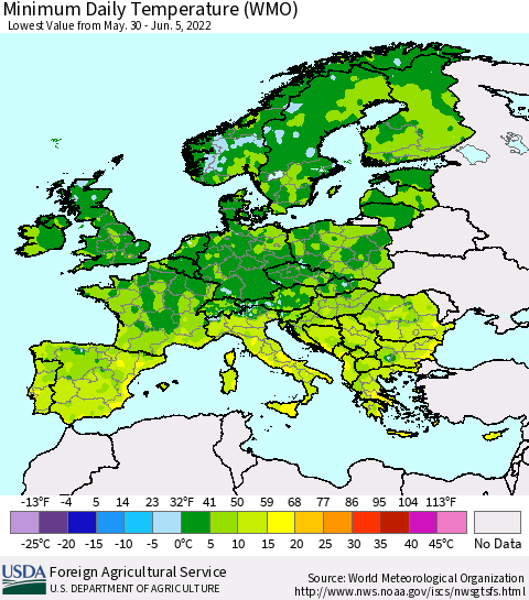 Europe Minimum Daily Temperature (WMO) Thematic Map For 5/30/2022 - 6/5/2022