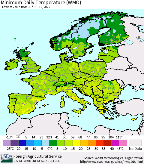 Europe Minimum Daily Temperature (WMO) Thematic Map For 6/6/2022 - 6/12/2022