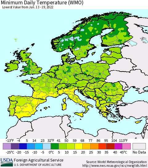 Europe Minimum Daily Temperature (WMO) Thematic Map For 6/13/2022 - 6/19/2022