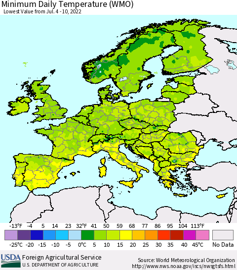 Europe Minimum Daily Temperature (WMO) Thematic Map For 7/4/2022 - 7/10/2022