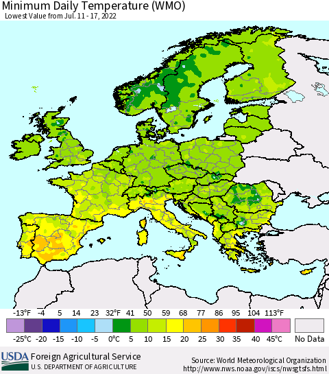 Europe Minimum Daily Temperature (WMO) Thematic Map For 7/11/2022 - 7/17/2022