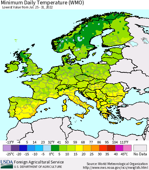 Europe Minimum Daily Temperature (WMO) Thematic Map For 7/25/2022 - 7/31/2022