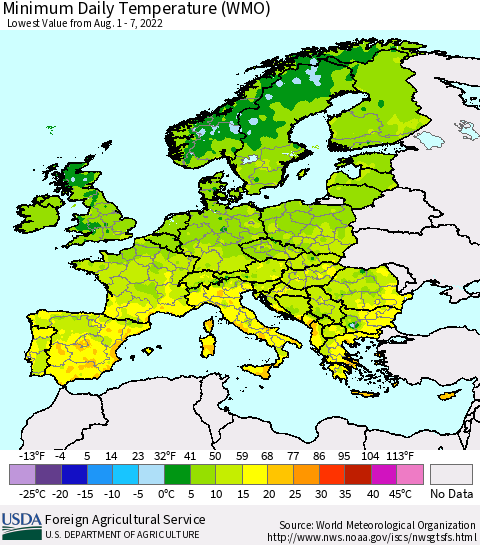 Europe Minimum Daily Temperature (WMO) Thematic Map For 8/1/2022 - 8/7/2022