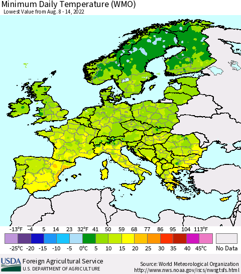 Europe Minimum Daily Temperature (WMO) Thematic Map For 8/8/2022 - 8/14/2022