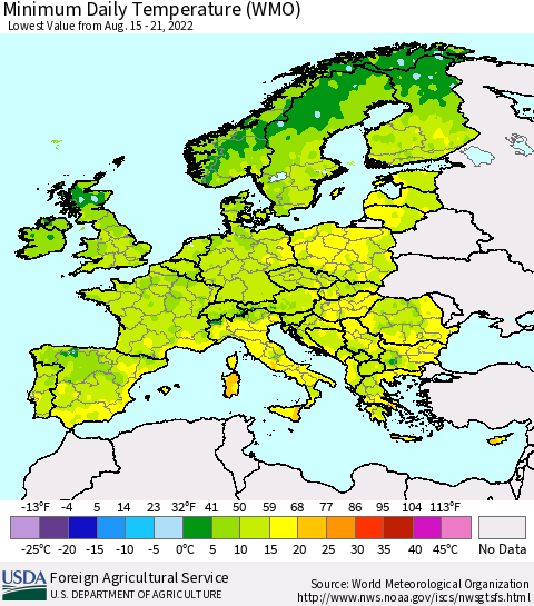 Europe Minimum Daily Temperature (WMO) Thematic Map For 8/15/2022 - 8/21/2022