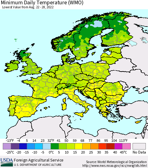 Europe Minimum Daily Temperature (WMO) Thematic Map For 8/22/2022 - 8/28/2022