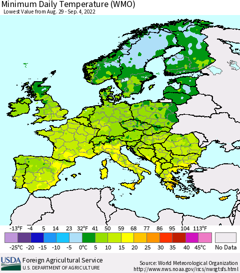 Europe Minimum Daily Temperature (WMO) Thematic Map For 8/29/2022 - 9/4/2022