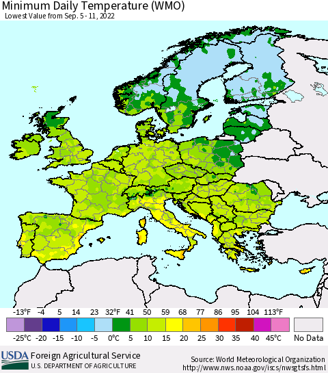 Europe Minimum Daily Temperature (WMO) Thematic Map For 9/5/2022 - 9/11/2022