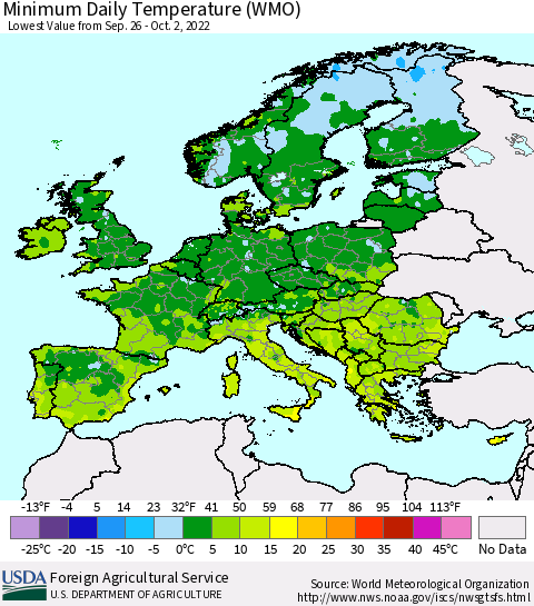 Europe Minimum Daily Temperature (WMO) Thematic Map For 9/26/2022 - 10/2/2022