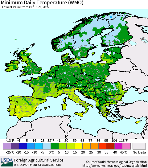 Europe Minimum Daily Temperature (WMO) Thematic Map For 10/3/2022 - 10/9/2022