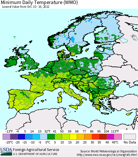 Europe Minimum Daily Temperature (WMO) Thematic Map For 10/10/2022 - 10/16/2022
