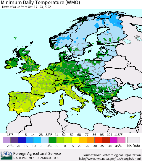 Europe Minimum Daily Temperature (WMO) Thematic Map For 10/17/2022 - 10/23/2022