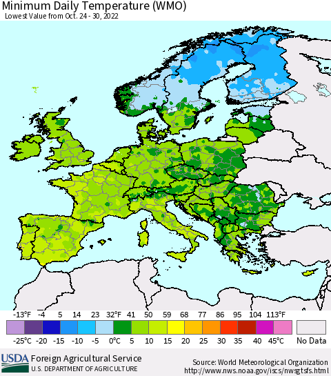 Europe Minimum Daily Temperature (WMO) Thematic Map For 10/24/2022 - 10/30/2022