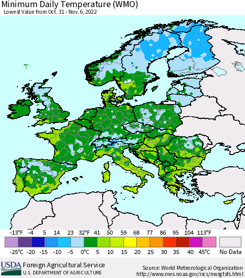 Europe Minimum Daily Temperature (WMO) Thematic Map For 10/31/2022 - 11/6/2022