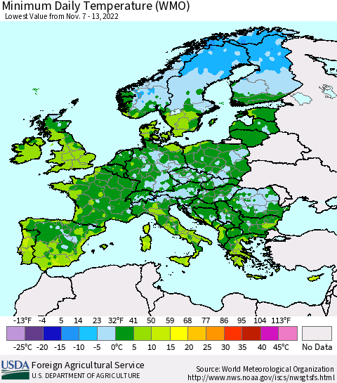 Europe Minimum Daily Temperature (WMO) Thematic Map For 11/7/2022 - 11/13/2022