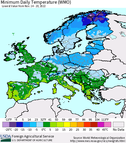 Europe Minimum Daily Temperature (WMO) Thematic Map For 11/14/2022 - 11/20/2022