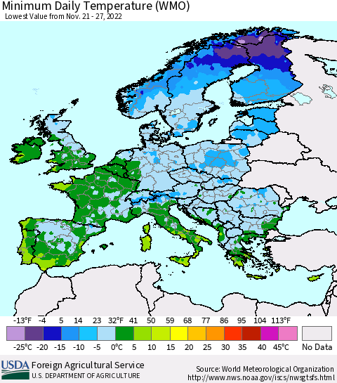 Europe Minimum Daily Temperature (WMO) Thematic Map For 11/21/2022 - 11/27/2022