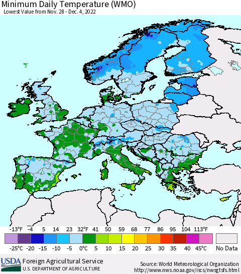 Europe Minimum Daily Temperature (WMO) Thematic Map For 11/28/2022 - 12/4/2022