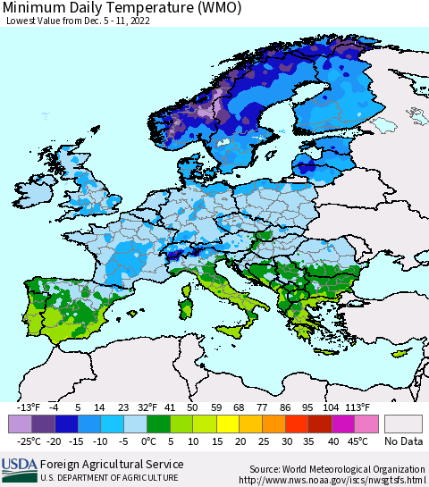 Europe Minimum Daily Temperature (WMO) Thematic Map For 12/5/2022 - 12/11/2022