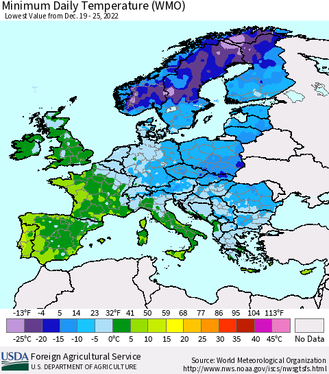 Europe Minimum Daily Temperature (WMO) Thematic Map For 12/19/2022 - 12/25/2022