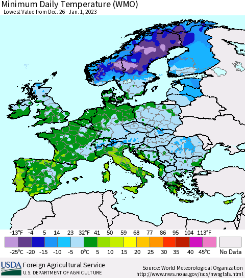 Europe Minimum Daily Temperature (WMO) Thematic Map For 12/26/2022 - 1/1/2023