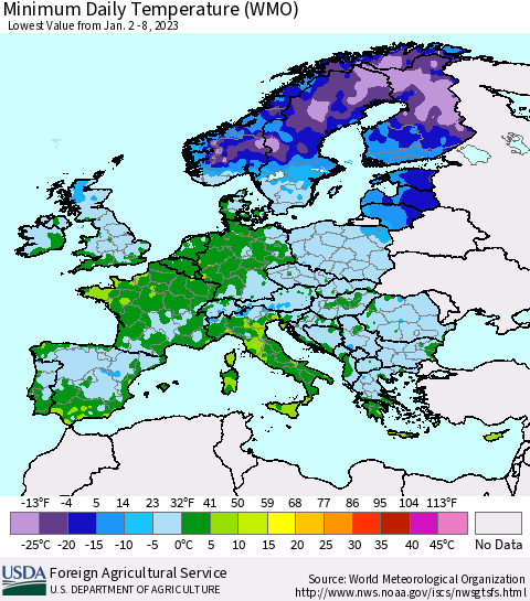 Europe Minimum Daily Temperature (WMO) Thematic Map For 1/2/2023 - 1/8/2023